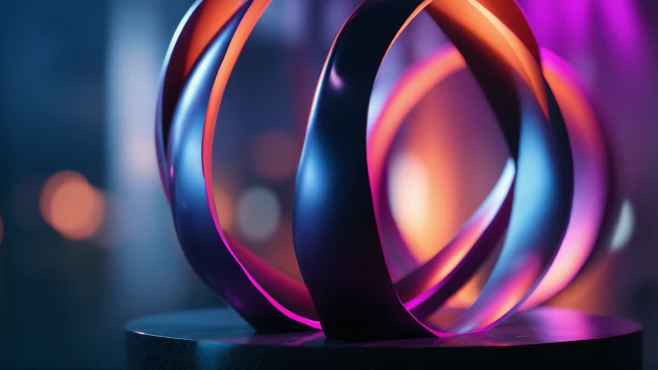 Splendida installazione artistica astratta con anelli intrecciati che emettono colori vivaci in un ambiente delicatamente illuminato, catturando riflessi dinamici e profondità.