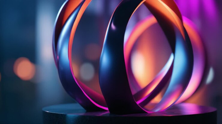 Splendida installazione artistica astratta con anelli intrecciati che emettono colori vivaci in un ambiente delicatamente illuminato, catturando riflessi dinamici e profondità.