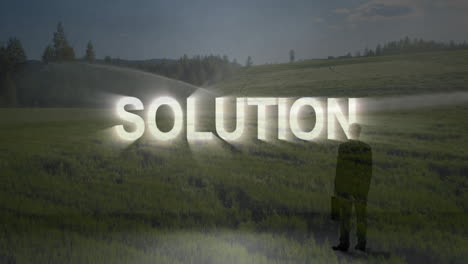 standing in green field, person with glowing animation of solution text