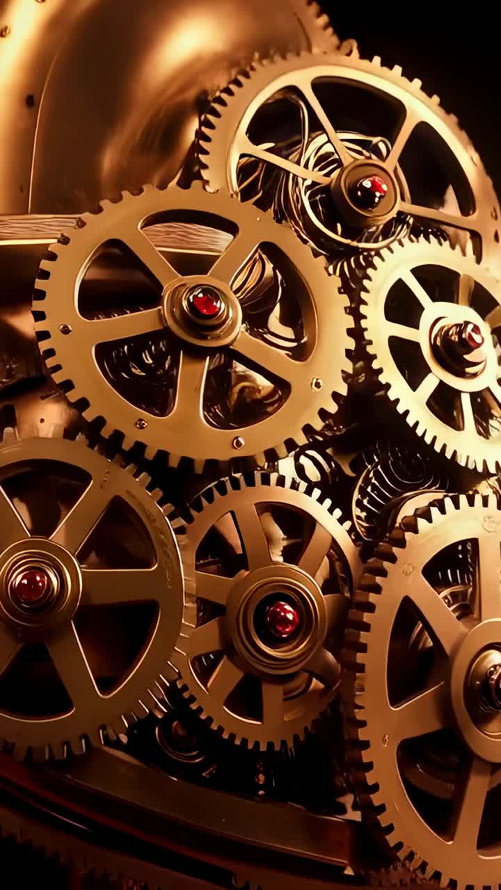 Vertical video: Pulling camera showing brass gears rotating in studio, springs releasing tension