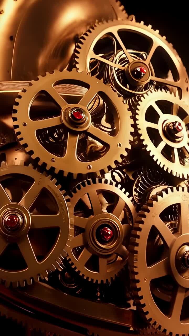 Vertical video: Pulling camera showing brass gears rotating in studio, springs releasing tension