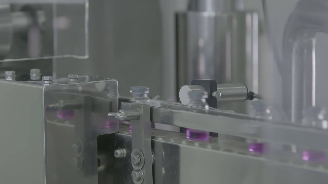 Sterile automated pharmaceutical production line with medical vials on conveyor belt in modern medicine manufacturing environment