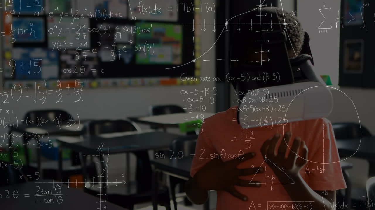 Animation of mathematical formulas over schoolboy using vr headset
