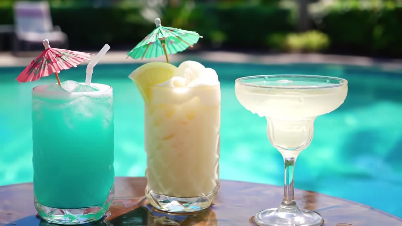 Refreshing Drinks Under the Sun: A Vibrant Display of Colorful Cocktails with Umbrellas by the Poolside, Perfect for Summer Relaxation and Enjoyment