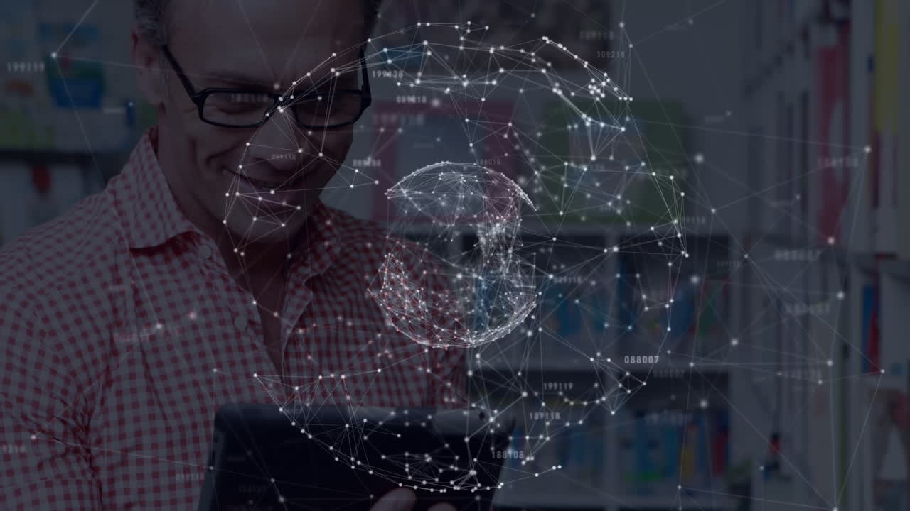 Globe of network of connections against male teacher using digital tablet