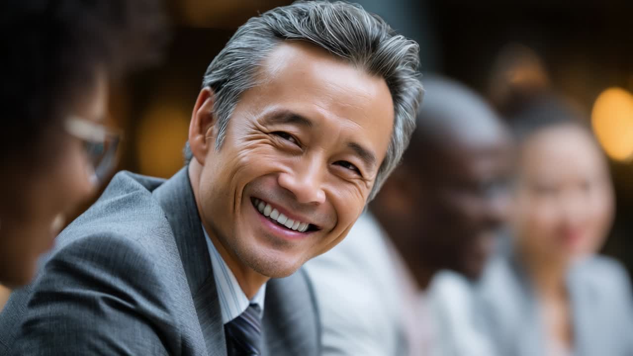 A group of professionals engaged in a lively conversation, showcasing teamwork, collaboration, and positivity, with smiles and a sense of connection among colleagues in a business setting