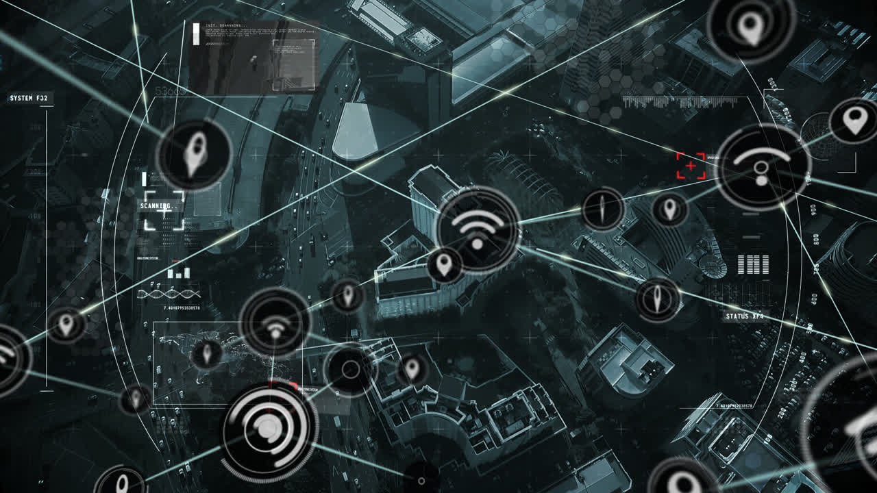 animación de la red de conexiones con iconos sobre el paisaje urbano