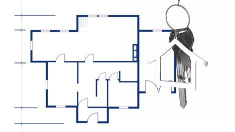 Animation-of-silver-key-with-key-fob-over-floor-plan-on-white-background