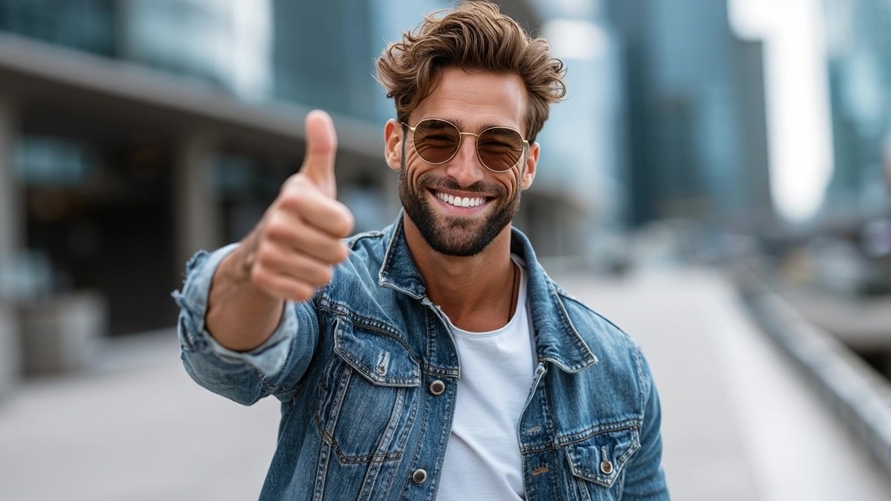 Uomo sorridente con una giacca di jeans che fa il pollice in su in una strada cittadina.