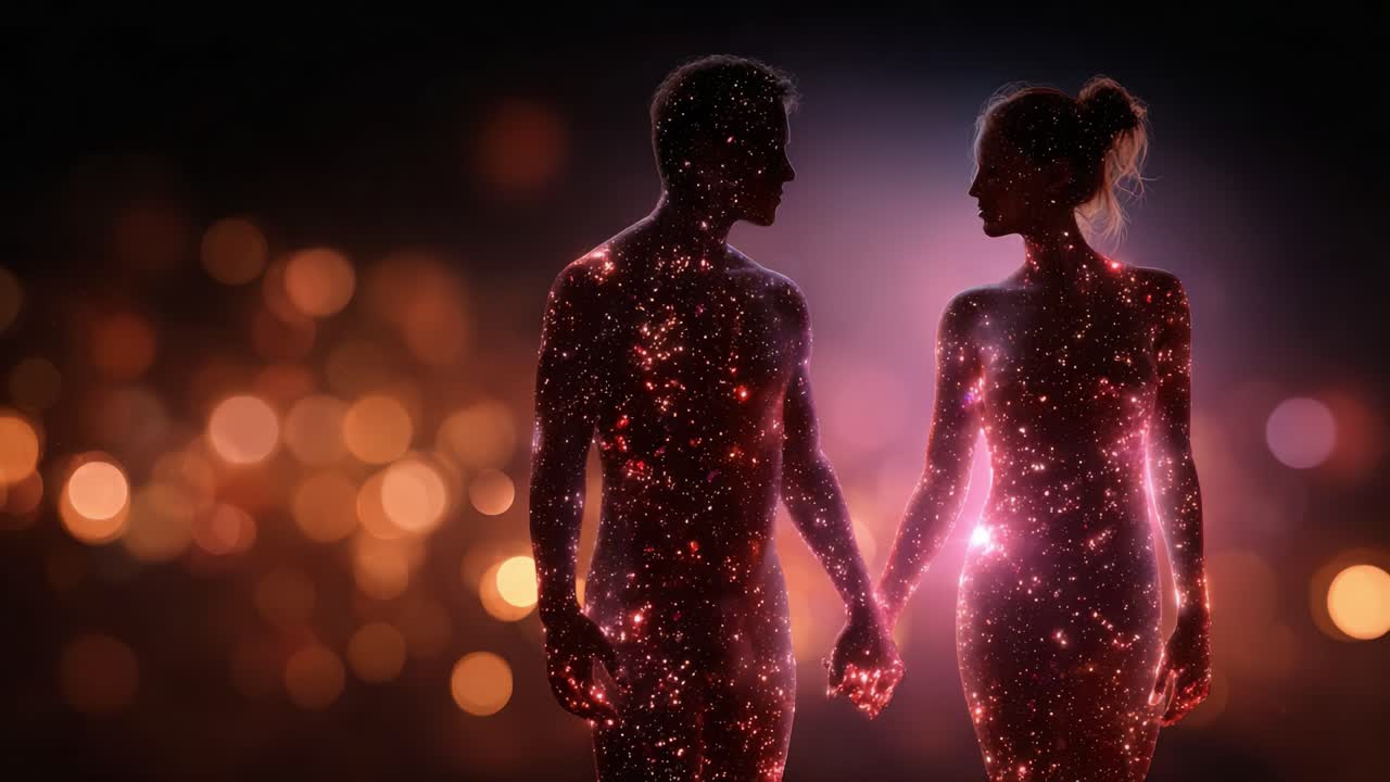 Abbraccio cosmico mistico: un’immagine affascinante di due silhouette intrecciate con motivi stellati in un ambiente onirico e ultraterreno