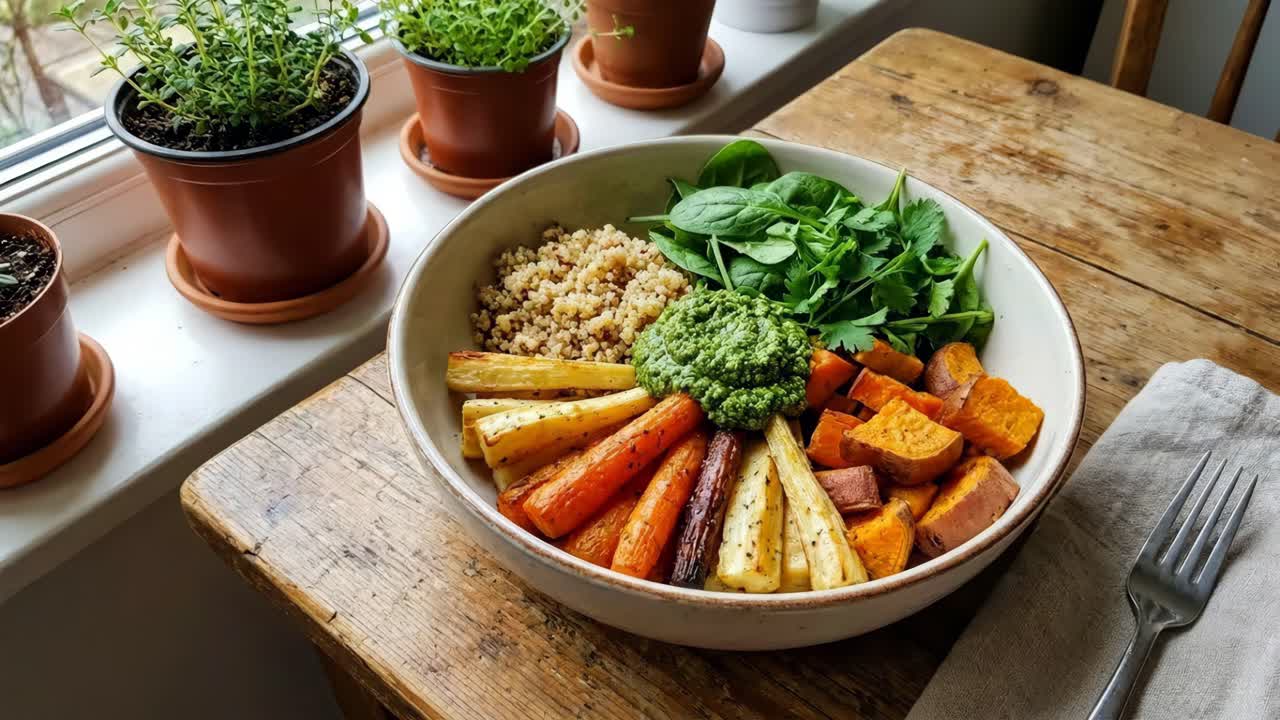 Buddha Bowl with Roasted Vegetables and Pesto