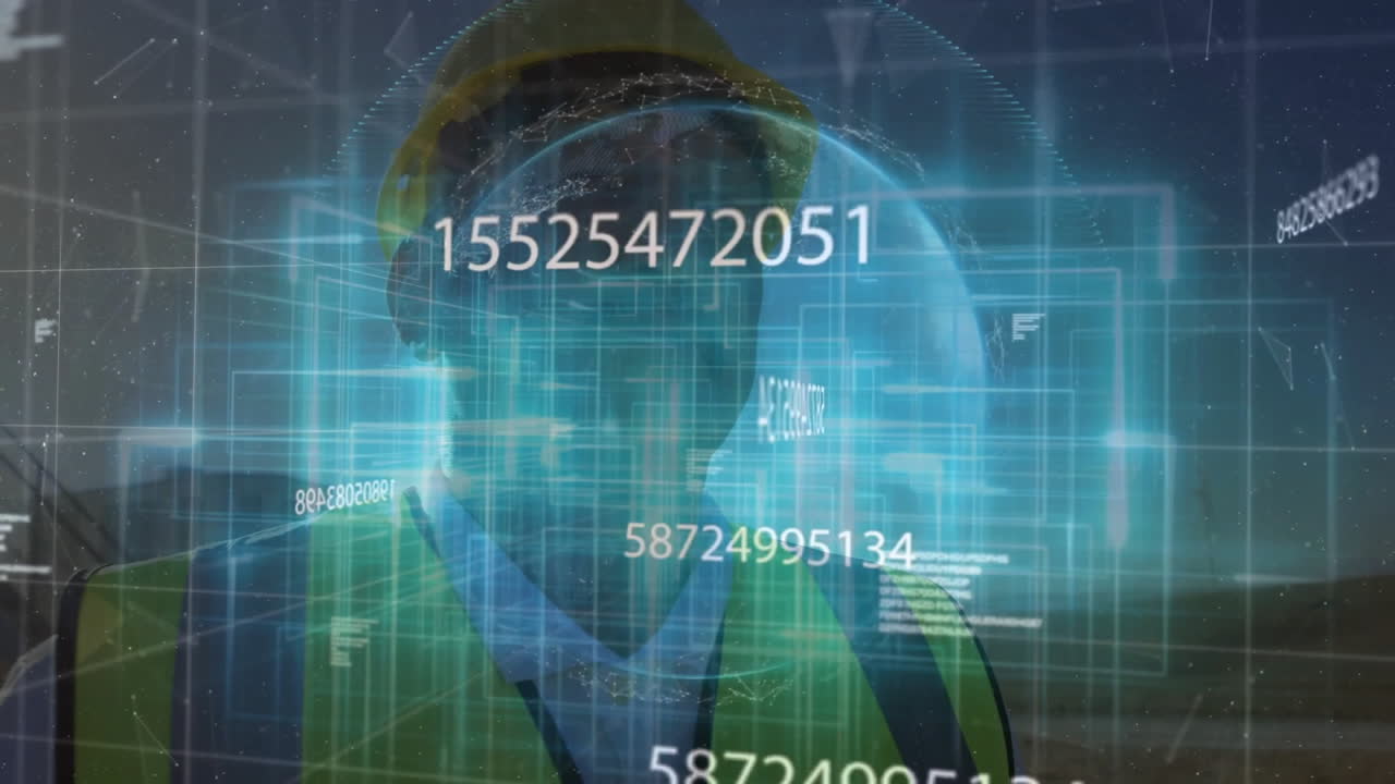 male construction worker wearing hard hat examining beams at site, overlaying blue data interface