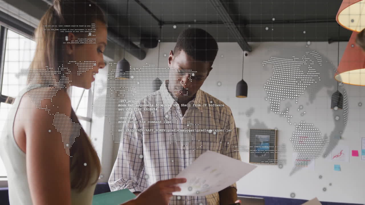 Animation of financial data processing over diverse business people in office