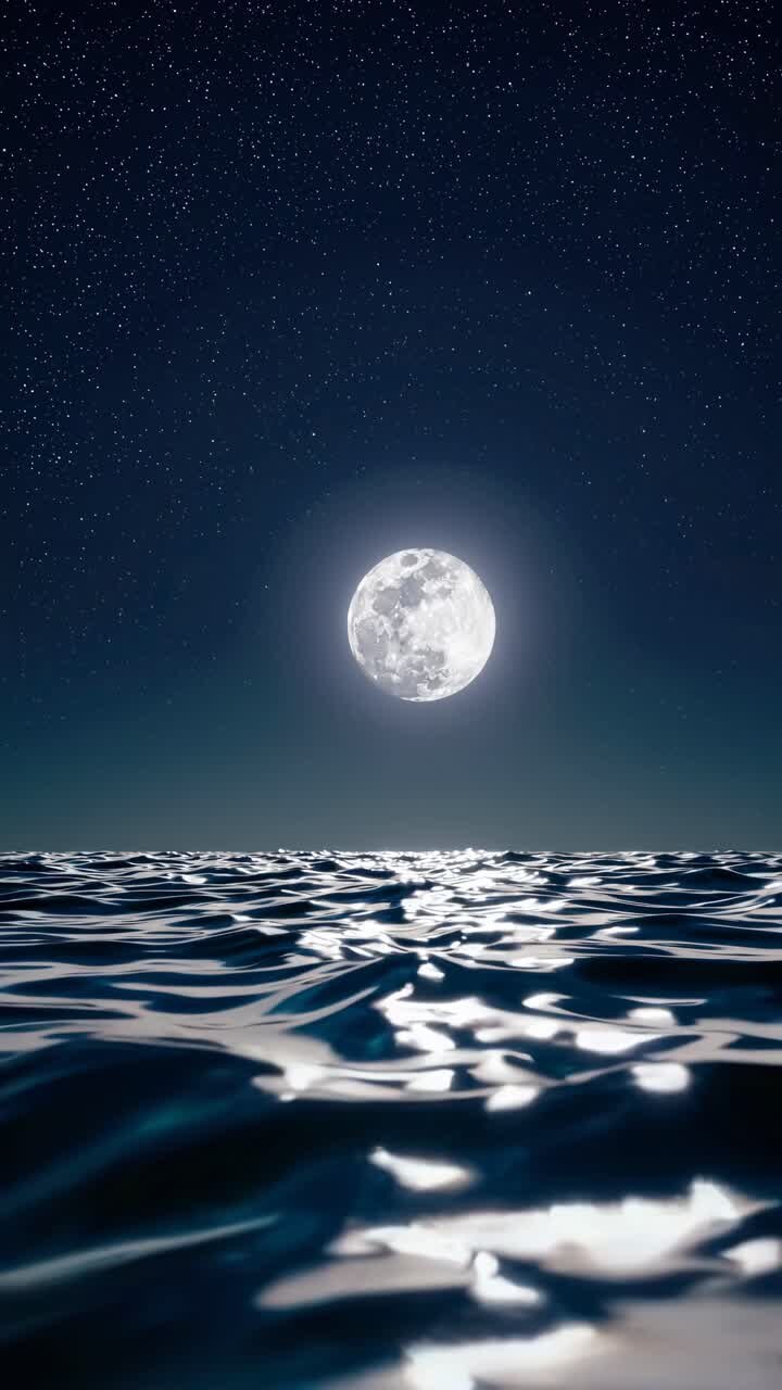 Uma cena noturna serena com a lua cheia refletindo no oceano