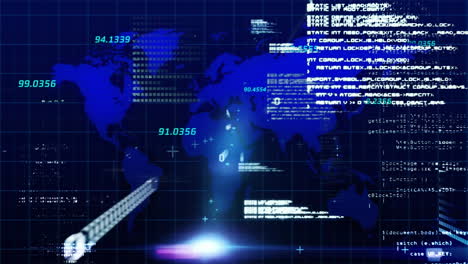 data processing over world map against blue background