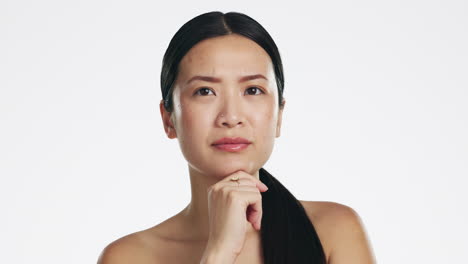 beauty, unsure and face of an asian woman