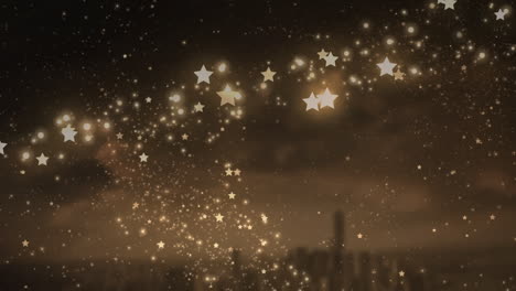 animación de una estrella fugaz volando sobre el paisaje urbano sobre un fondo marrón