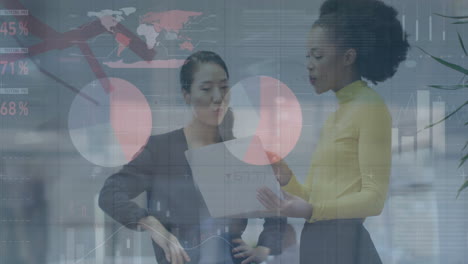 animation of financial data processing over diverse business people in office
