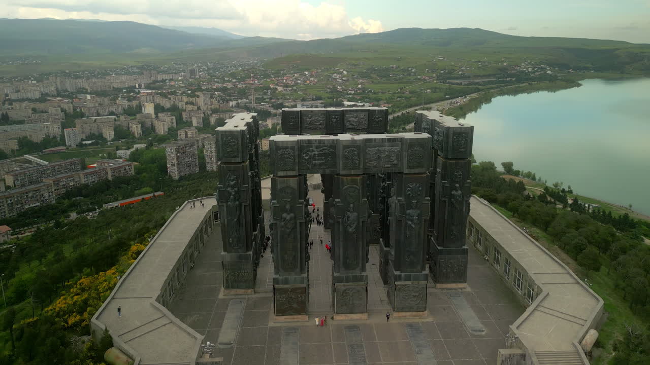 Aerial View of the Chronicle of Georgia Monument Overlooking Tbilisi and the Tbilisi Sea