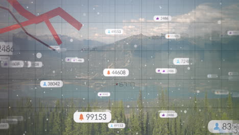 animación de iconos de redes sociales sobre la grabación de la línea roja y el paisaje
