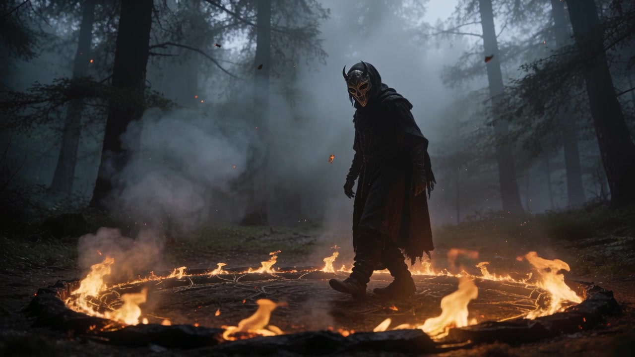Fiamme che si alzano, una figura con maschera cornuta e mantello che cammina attorno a un cerchio di fuoco nella foresta, eseguendo un rituale.