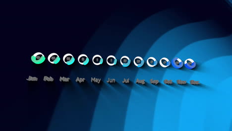 Animation-of-data-processing-with-months-over-blue-shapes-on-black-background