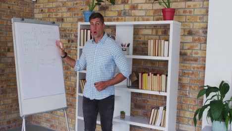 Caucasian-male-maths-teacher-using-an-easel-pad-giving-an-online-lesson-to-camera