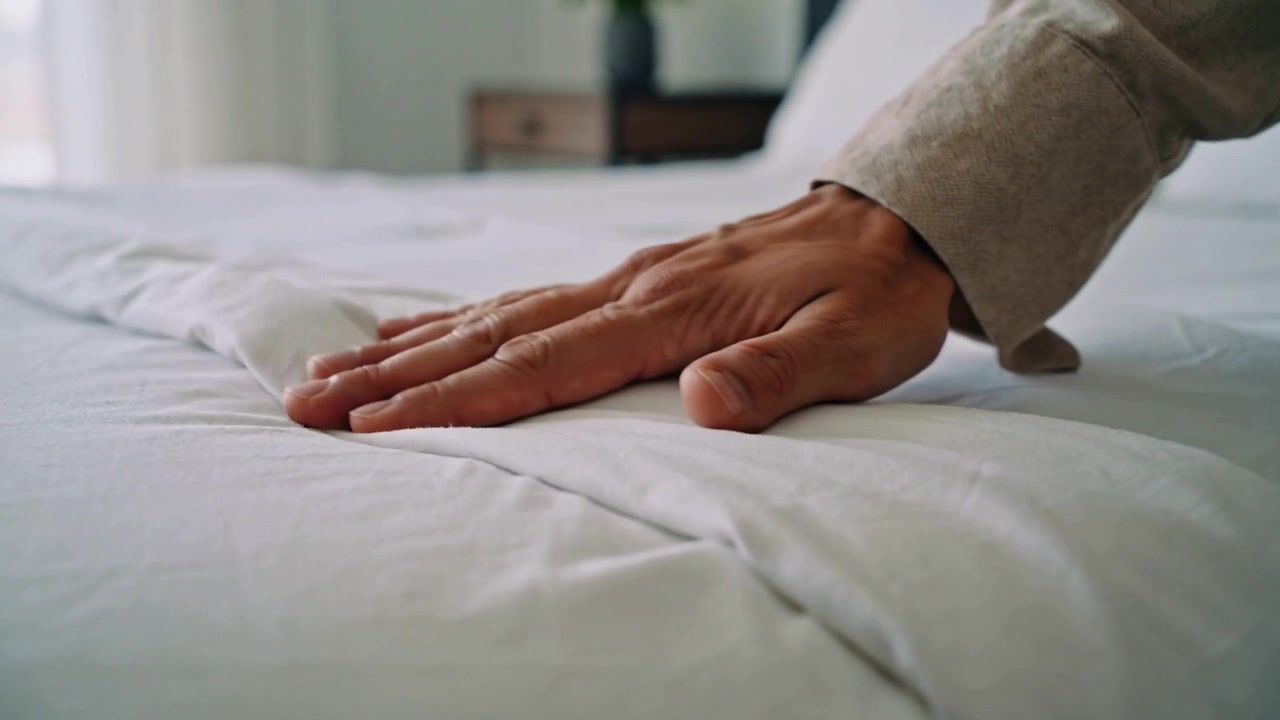 Mano maschile adulta che liscia e sente una piega sulla cucitura del letto in camera da letto, sistemando la biancheria, con spazio per il testo.
