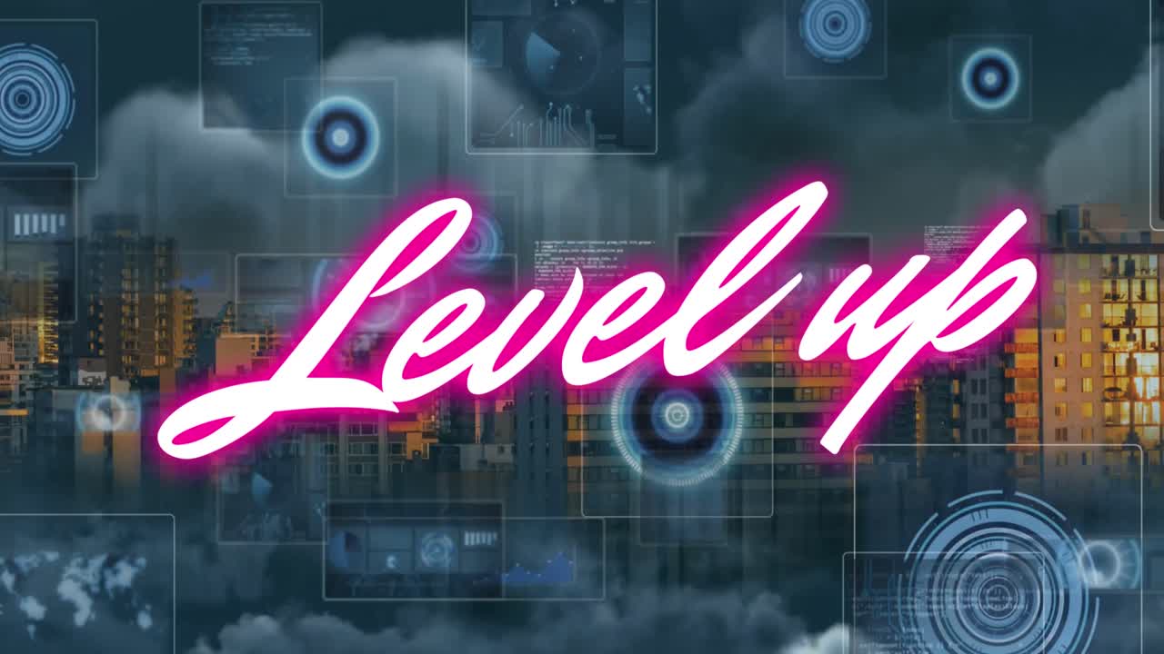 도시 풍경 위에서 텍스트 및 데이터 처리의 레벨 업 애니메이션