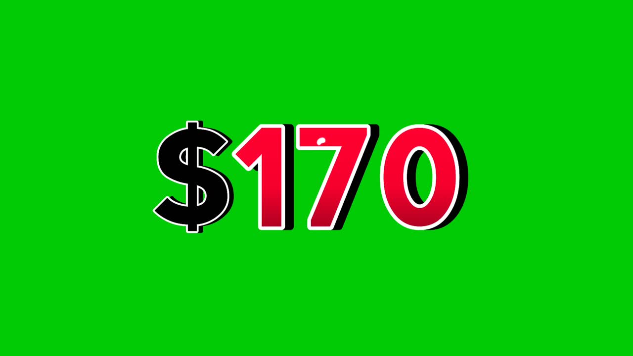 Animation number $170 dollar sign motion graphics with smoke effect green screen background vibrant red numbers. Video 3D effect with shadows for video elements business concept