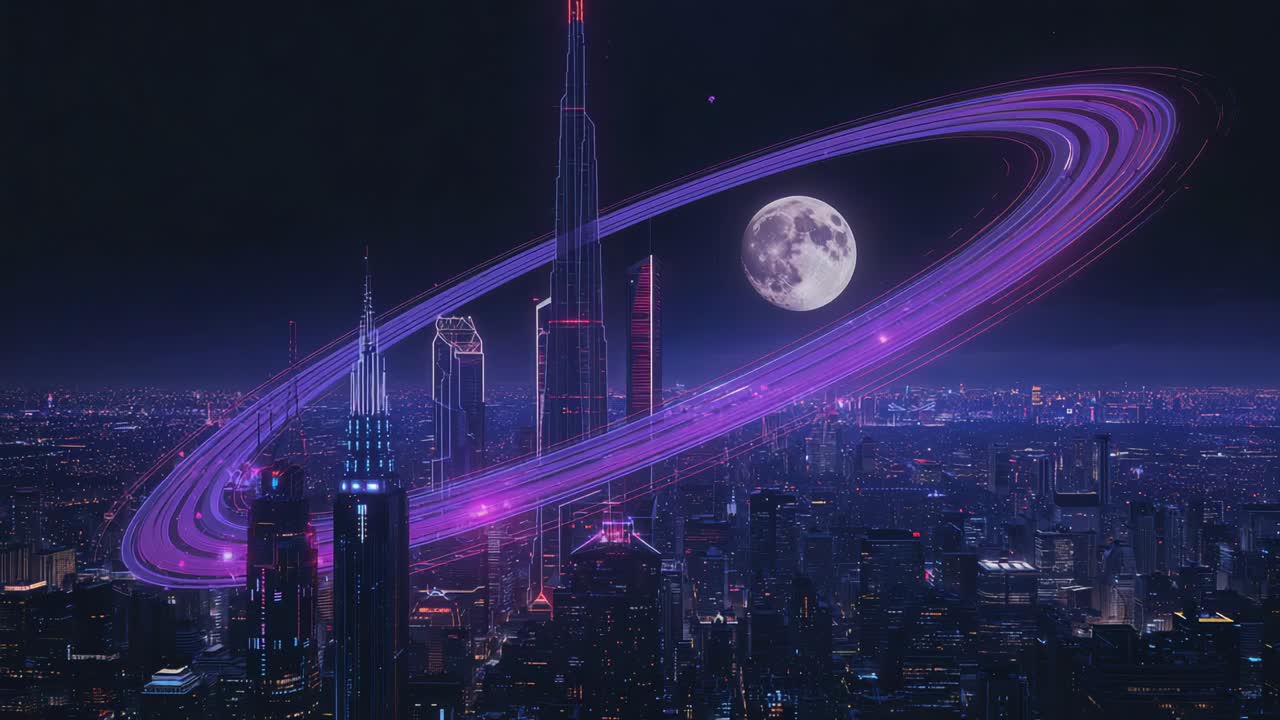 Opening shot capturing city skyline at night, with central tower being encircled by purple ring