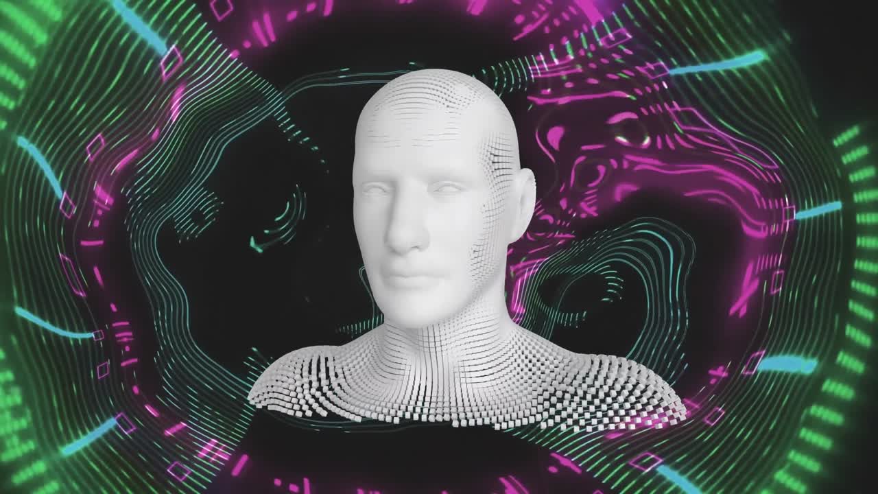 píxeles blancos que forman un modelo masculino 3d sobre datos rosados, azules y verdes sobre un fondo negro