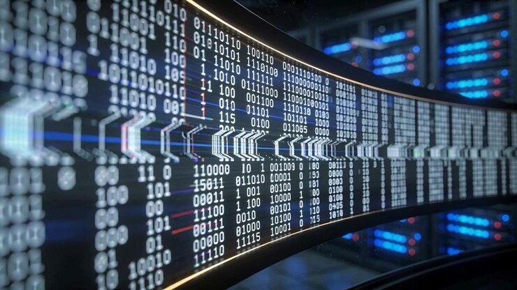 Shifting camera, curved LED ribbon scrolling binary with chevrons, revealing digits in data center