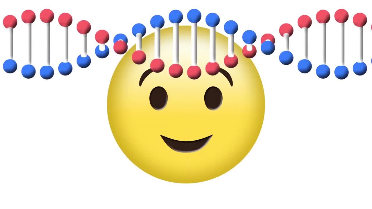 Animation of dna strand rotating over winking emoji, on white background