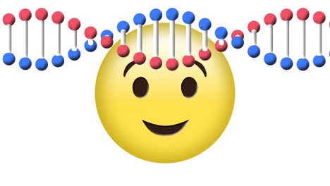 Animation-Eines-DNA-Strangs,-Der-Sich-über-Einem-Zwinkernden-Emoji-Dreht,-Auf-Weißem-Hintergrund