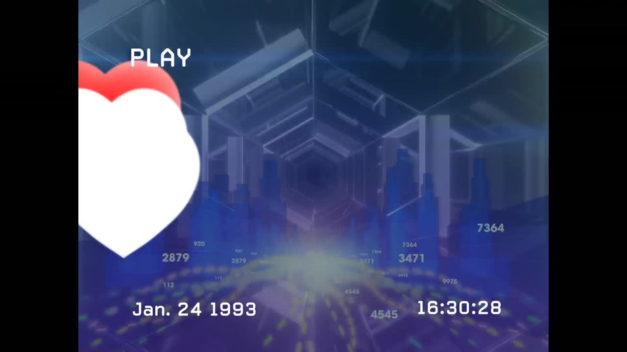 글리치, 심장 및 움직이는 디지털 공간과 함께 화면의 애니메이션