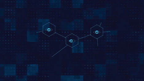 animación de iconos médicos y procesamiento de datos sobre fondo azul