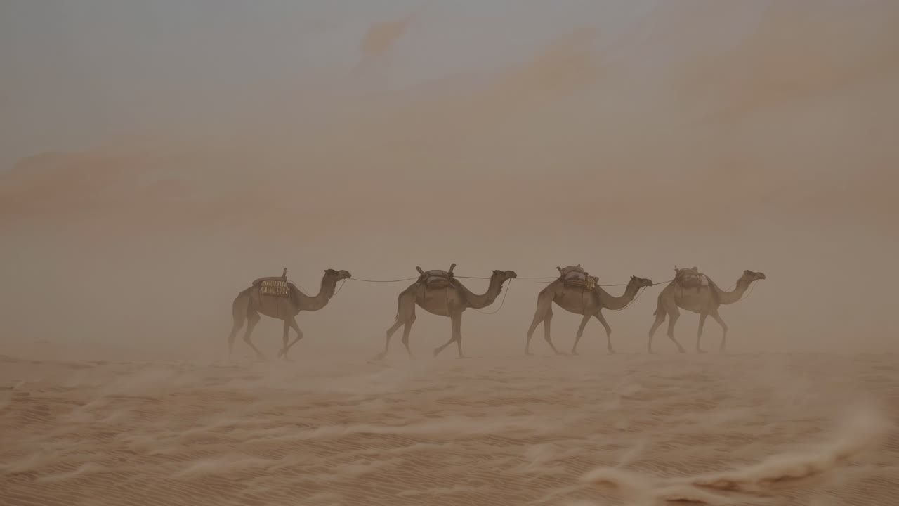 A cinematic video shot of camels walking through a desert sandstorm, captured from a low angle
