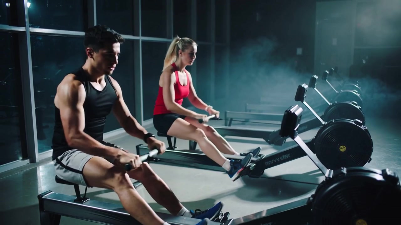 Starting catch, male black top and female red top pushing legs, pulling handles on ergs, training