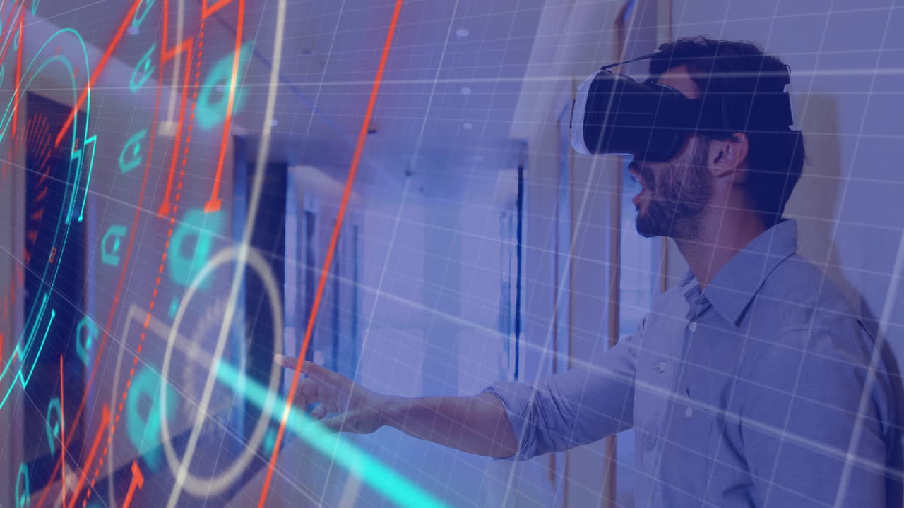 Neon scope scanner over grid network against man gesturing while wearing vr headset