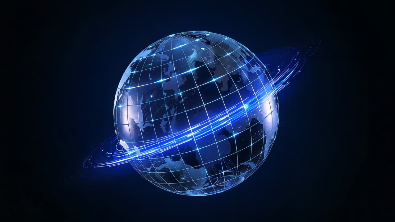 Rotating translucent blue globe revealing lands in studio, ring sweeping, streak brightening grid