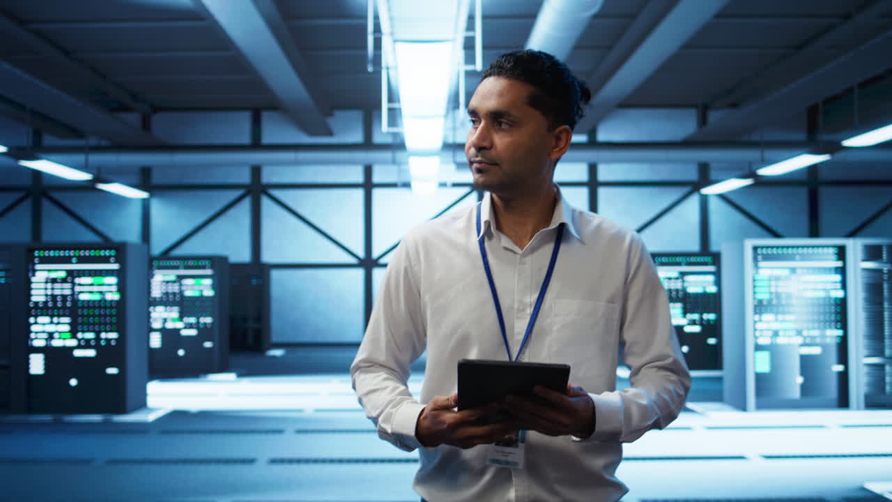 System administrator walking in data center used for managing gear energy