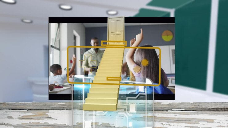Animation of stairs and integrated circuit over screen with diverse teacher and pupils at school