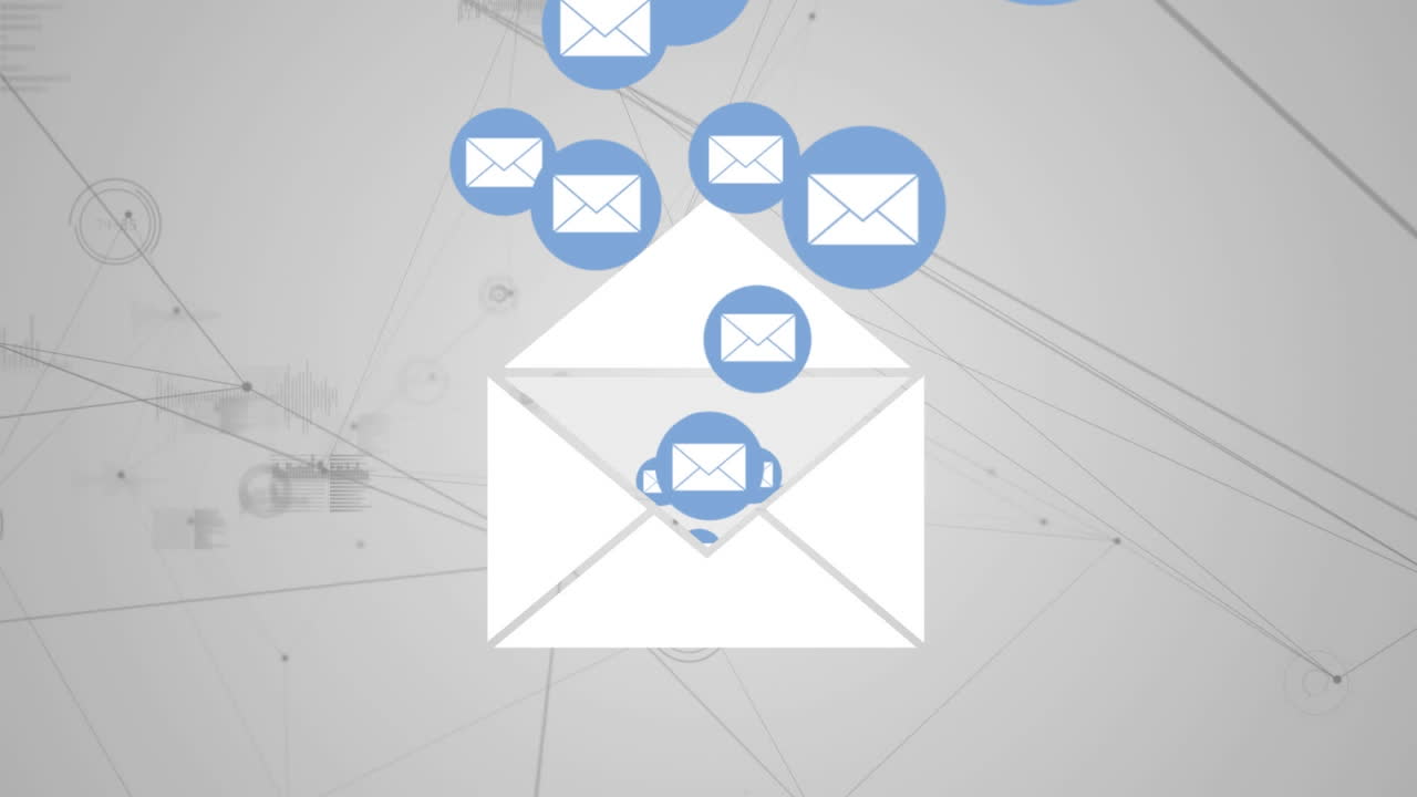 Animation of social media icons over network of connections with statistics
