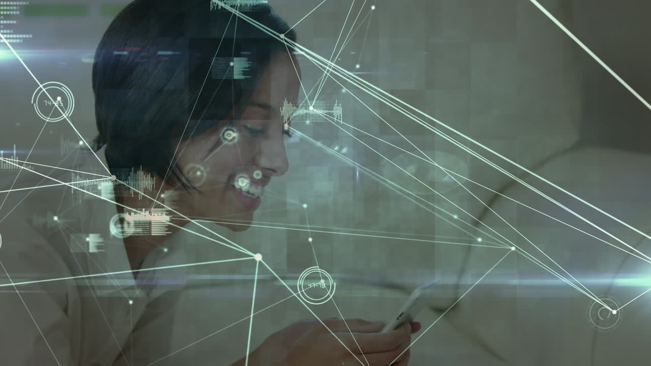 Animation of network of connections over biracial woman using smartphone