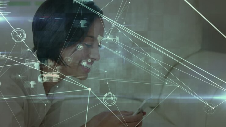 Animation of network of connections over biracial woman using smartphone