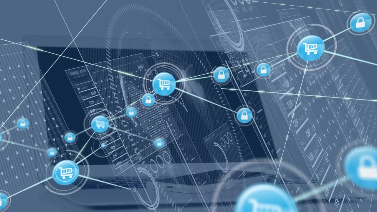 Animation of network of connections with icons and scope over computer servers