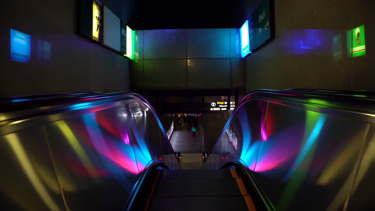 Riflessi colorati su una moderna scala mobile della metropolitana