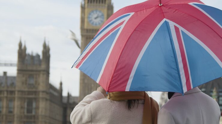 Couple On Holiday Taking Photo Of Houses Of Parliament In London UK Under Union Jack Umbrella 1