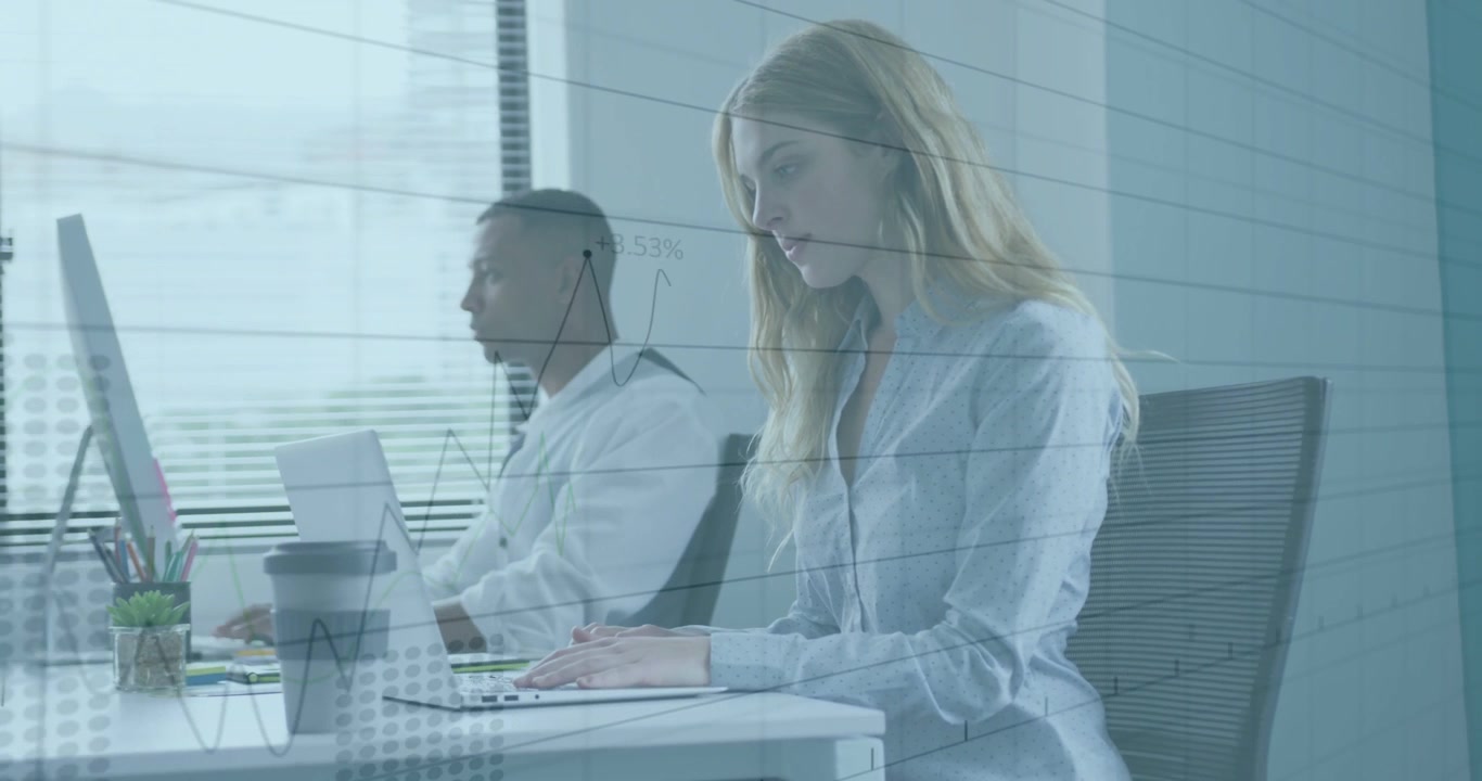 Woman and man typing at desks, causing animated finance charts overlaying screens for metrics
